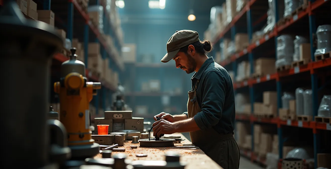 photographie réaliste d'artisan au travail dans un espace protégé et organisé avec effets de lumière cinématographiques