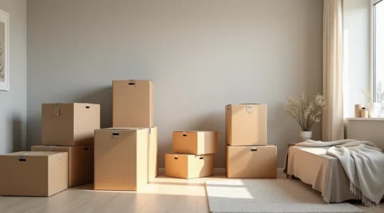 vue réaliste d'un garde-meubles moderne avec meubles emballés en attente, éclairage naturel cinématographique, ambiance épurée et professionnelle