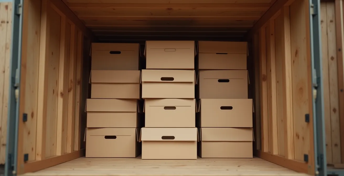 vue réaliste d’un box de stockage organisé avec des cartons empilés méthodiquement, lumière naturelle douce