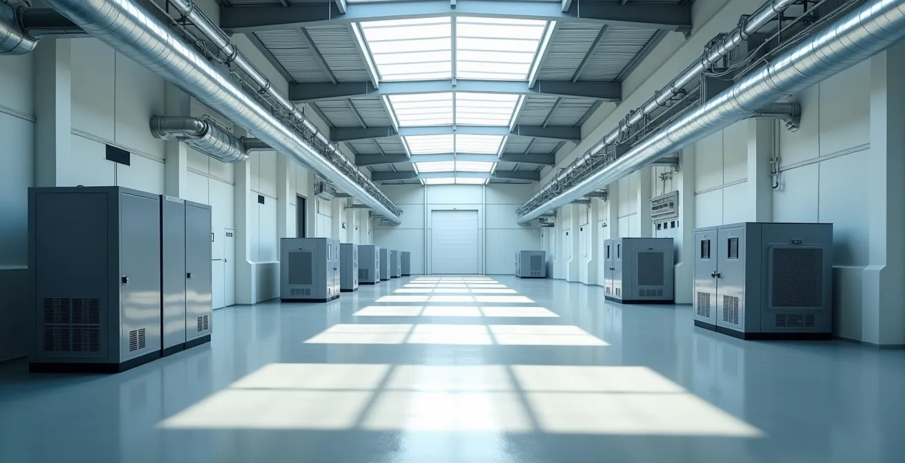 Vue d'ensemble minimaliste d'un entrepôt moderne avec systèmes de contrôle climatique visibles
