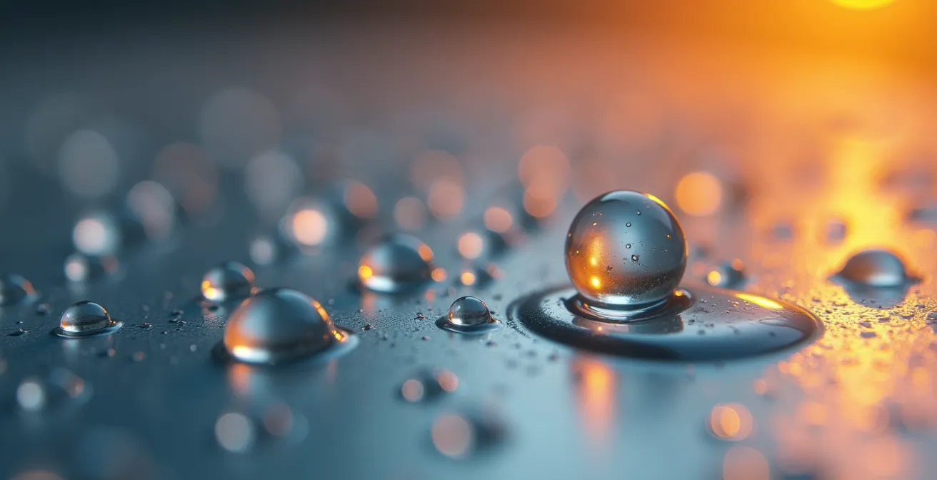 Détail macro de gouttelettes de condensation sur une surface métallique froide