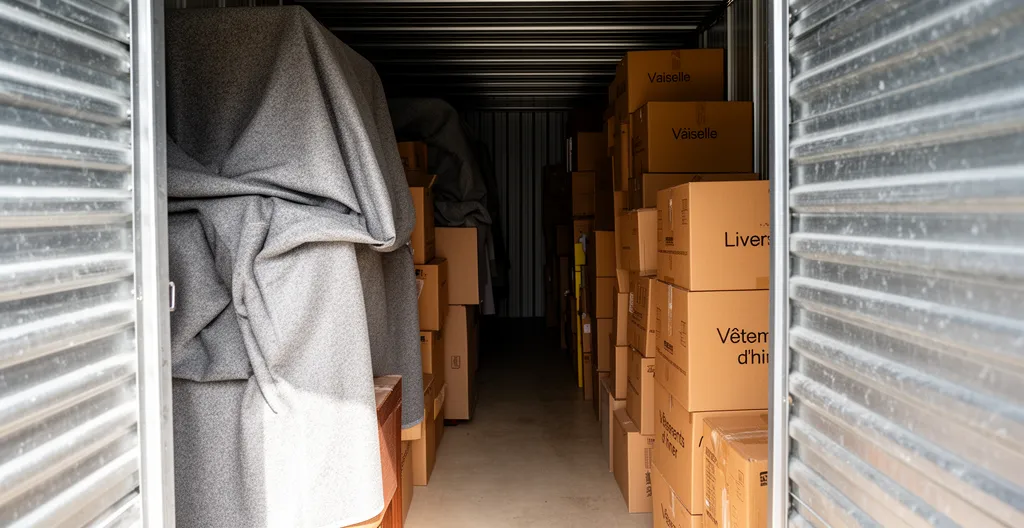 Intérieur de box de stockage avec meubles protégés et cartons empilés