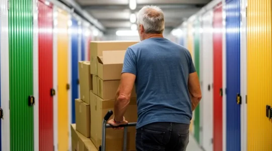 Personne chargeant des cartons dans un couloir de centre de self-stockage moderne