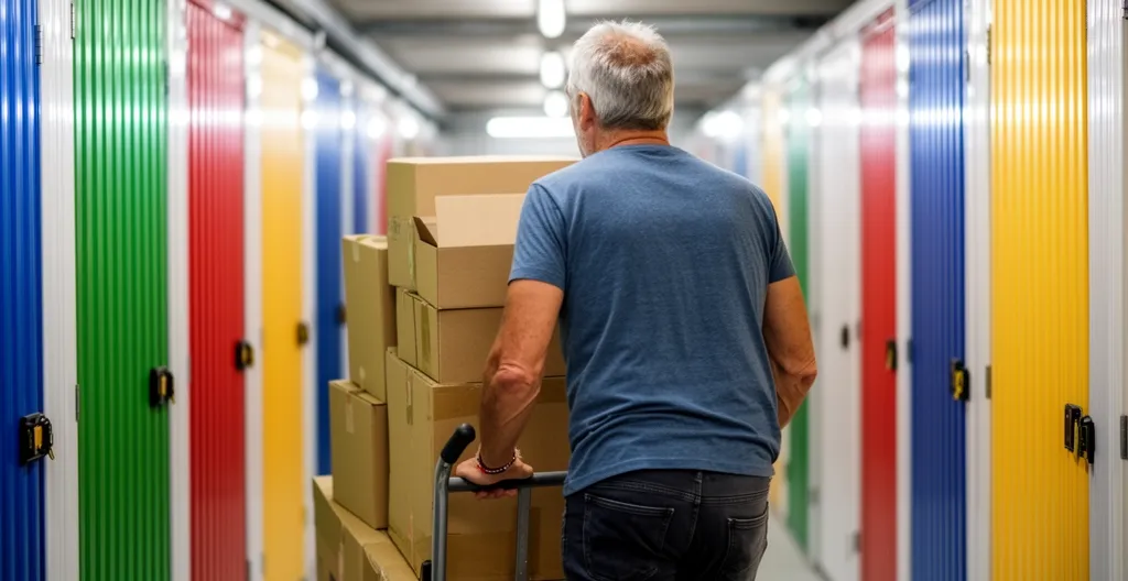 Personne chargeant des cartons dans un couloir de centre de self-stockage moderne
