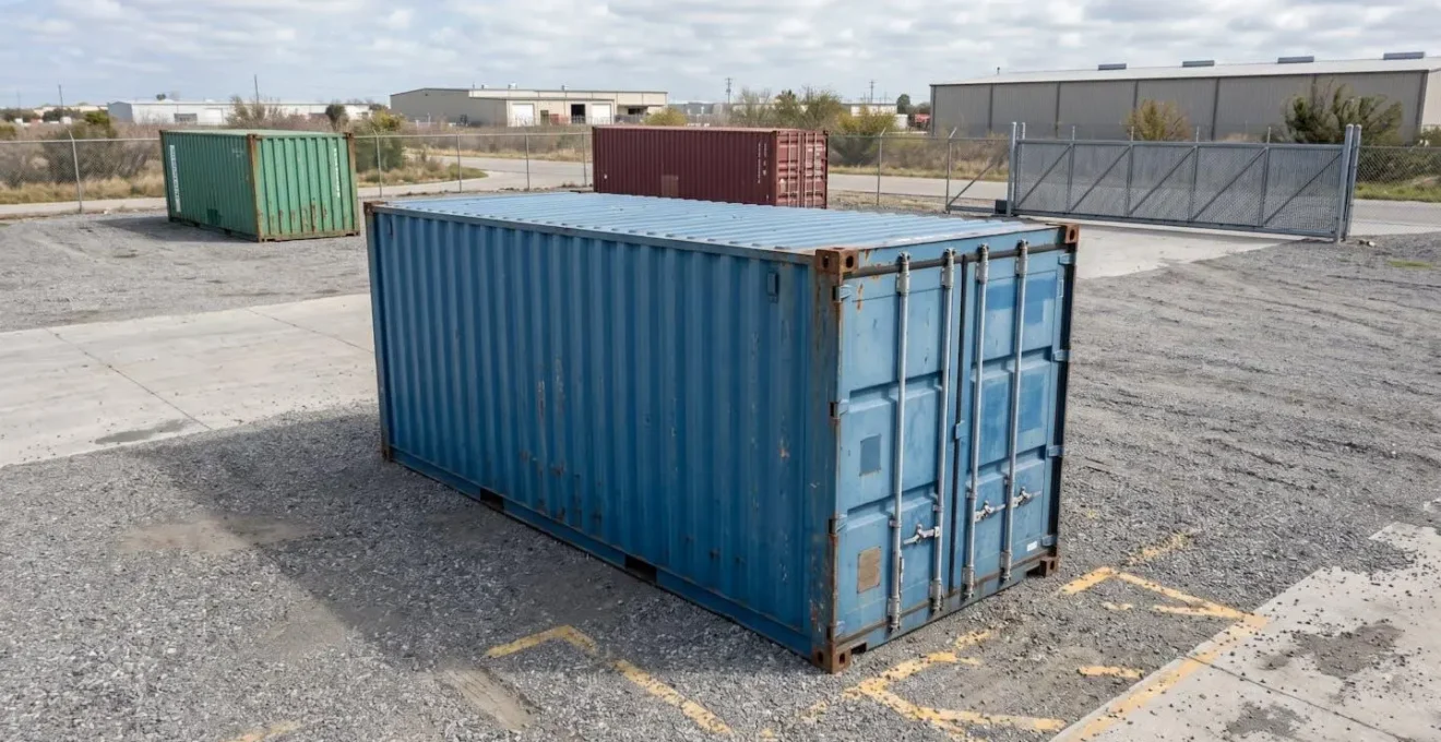 Container maritime 20 pieds d'occasion bleu avec signes d'usage visible, posé sur terrain de stockage professionnel avec gravier, photographié en plongée légère