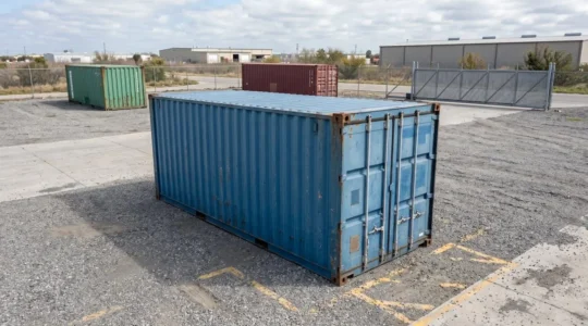 Container maritime 20 pieds d'occasion bleu avec signes d'usage visible, posé sur terrain de stockage professionnel avec gravier, photographié en plongée légère