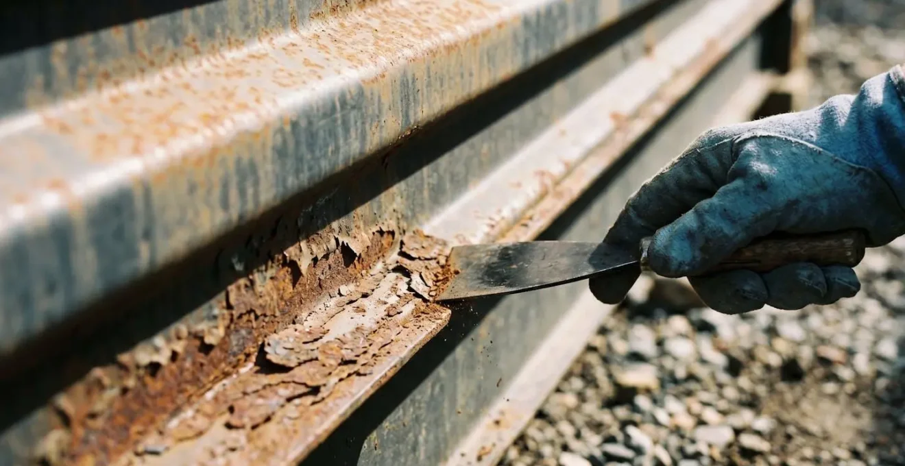 Gros plan sur paroi ondulée de container avec zones de rouille superficielle et rouille marquée, main gantée d'inspecteur grattant la surface avec outil métallique
