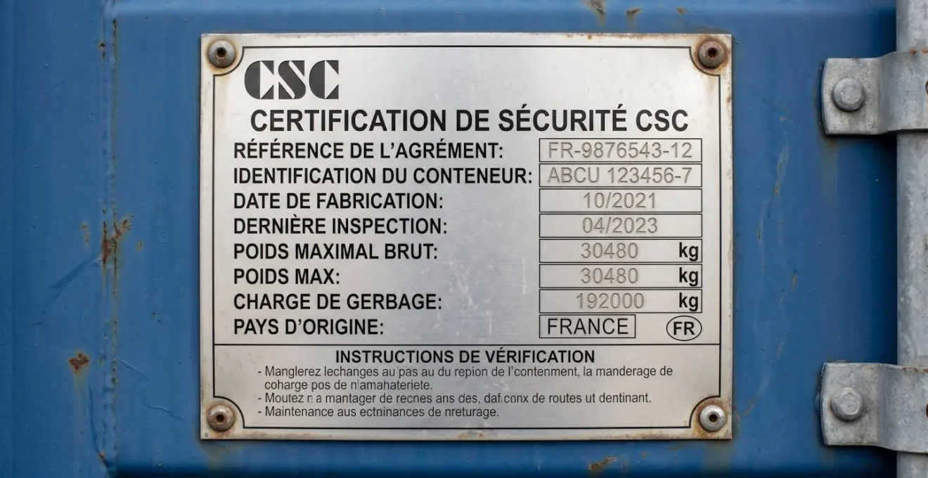 Plaque de certification CSC métallique rivetée sur porte de container, avec marquages date de fabrication, dernière inspection et numéro d'identification visibles