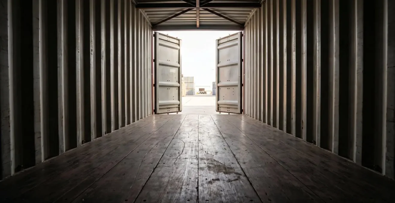 Vue intérieure d'un container vide depuis le fond vers les portes ouvertes, montrant plancher en contreplaqué avec lumière naturelle forte créant gradient lumineux