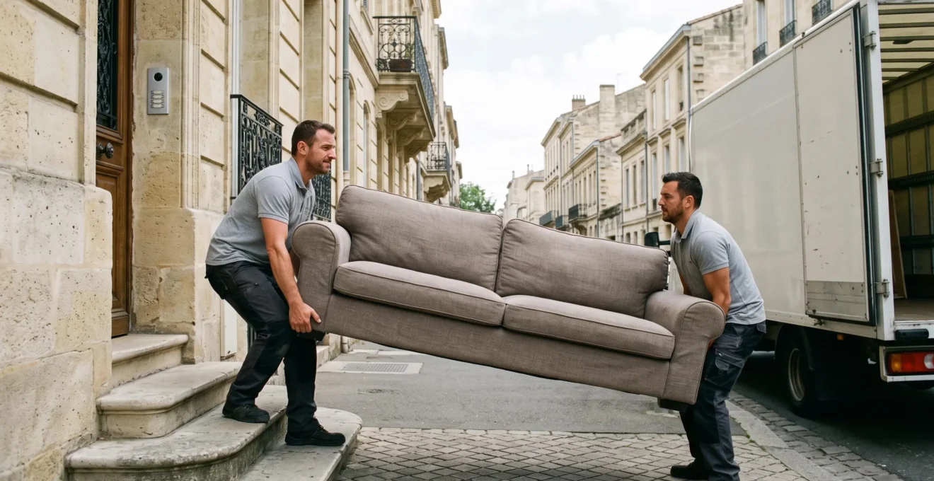 Deux déménageurs professionnels transportant un canapé depuis un immeuble vers un camion dans une rue bordelaise