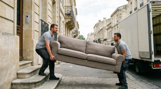 Deux déménageurs professionnels transportant un canapé depuis un immeuble vers un camion dans une rue bordelaise