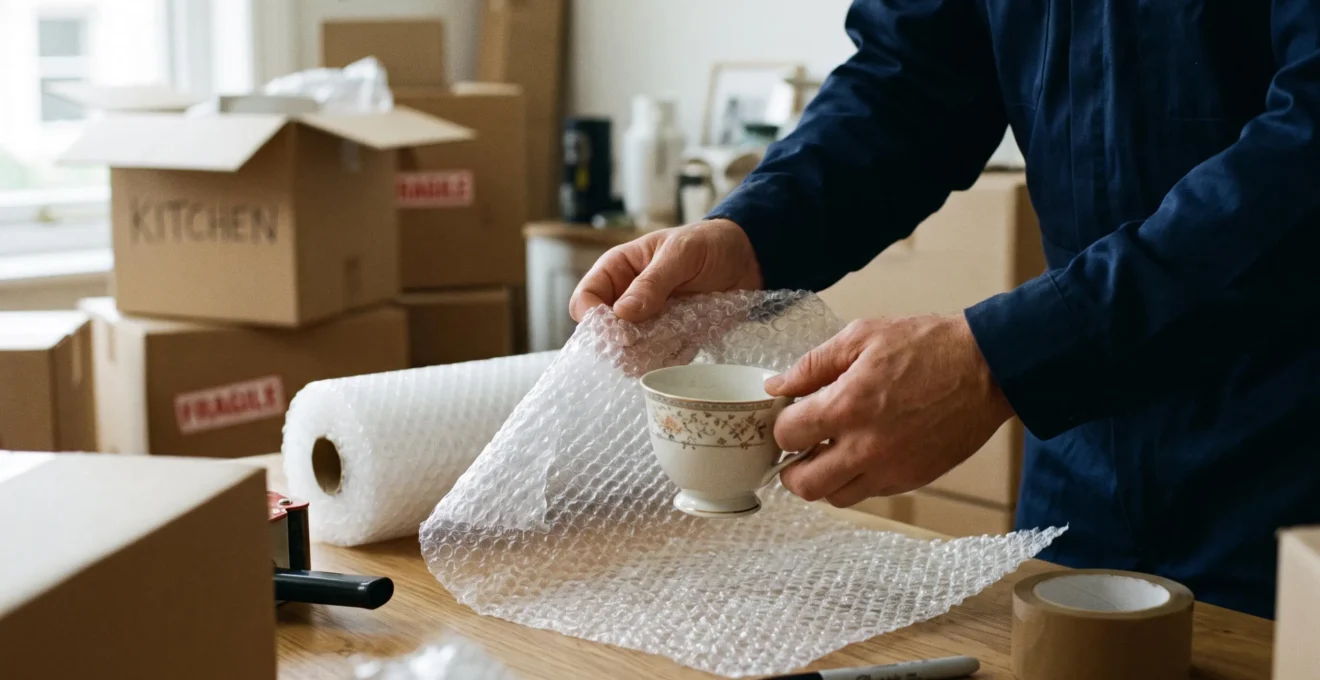 Mains de déménageur enveloppant des objets fragiles avec du papier bulle sur une table de travail