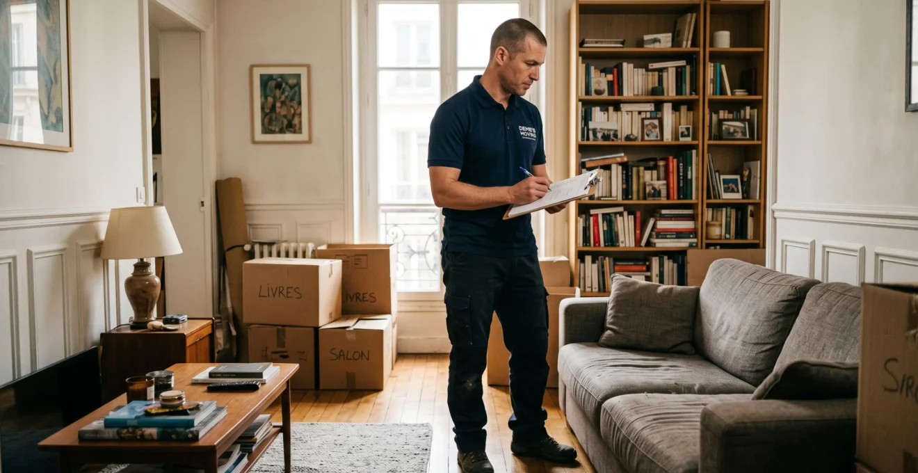 Professionnel du déménagement réalisant une évaluation à domicile dans un salon d'appartement